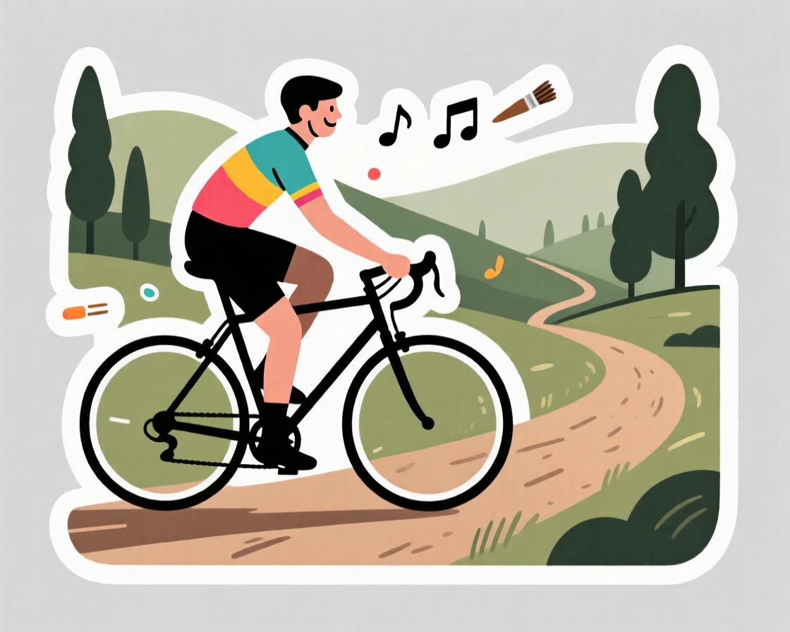 A peacefully immersed cyclist riding down a scenic trail, fully immersed in the creative process, at a scenic outdoor location.
