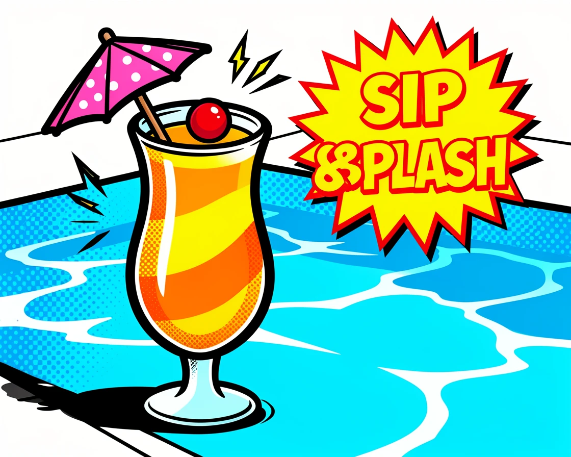 A tropical cocktail garnished with a paper umbrella beside the pool