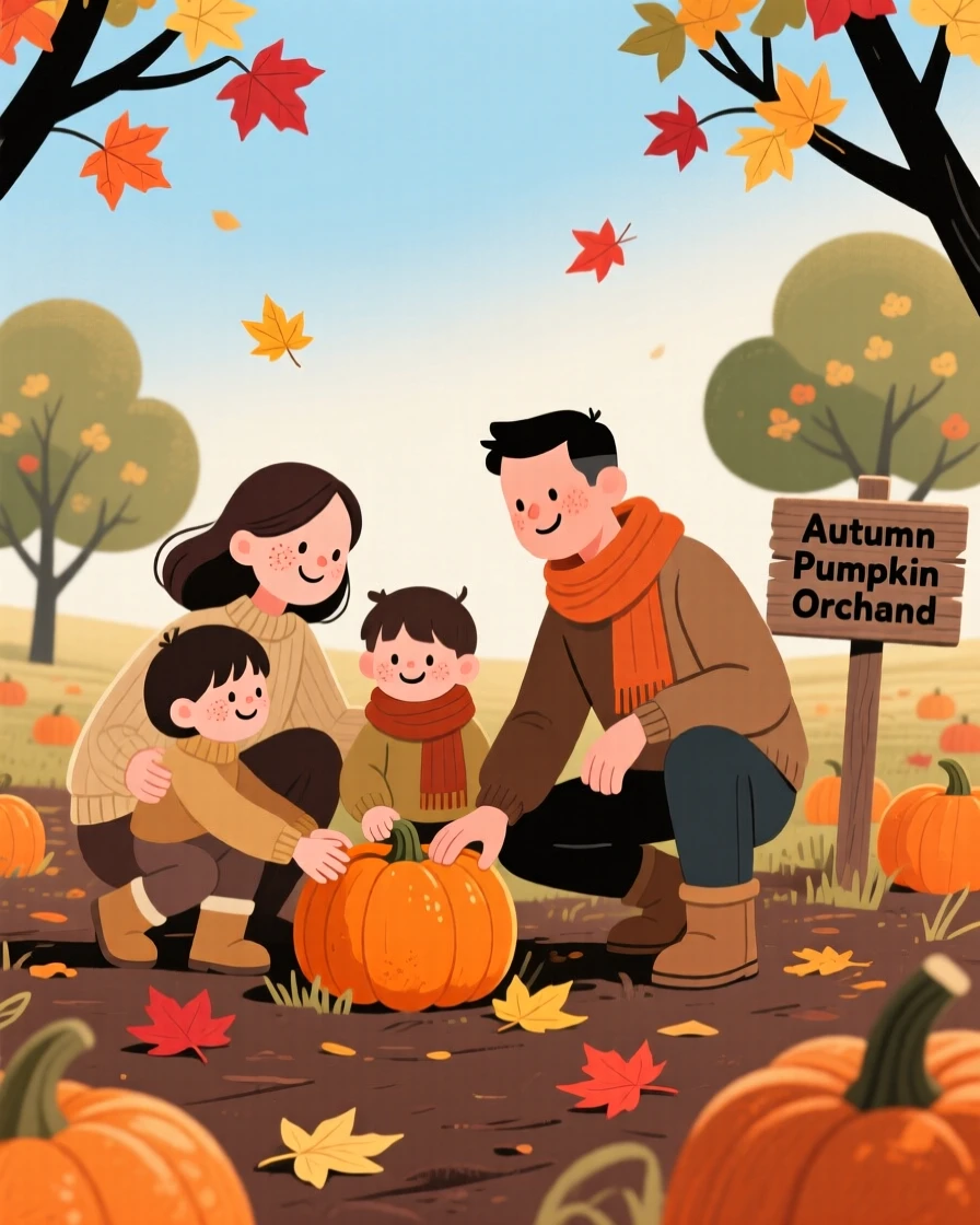 A family gathers pumpkins in a autumn orchard as red and gold leaves drift down around them under a crisp blue sky.