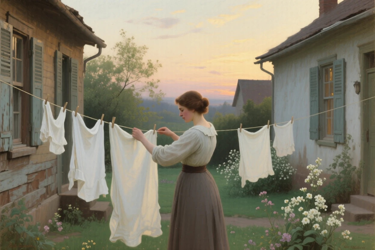 A well-framed scene of a woman hanging freshly washed linens on a line between two houses, in the pale light of early evening, in late spring.