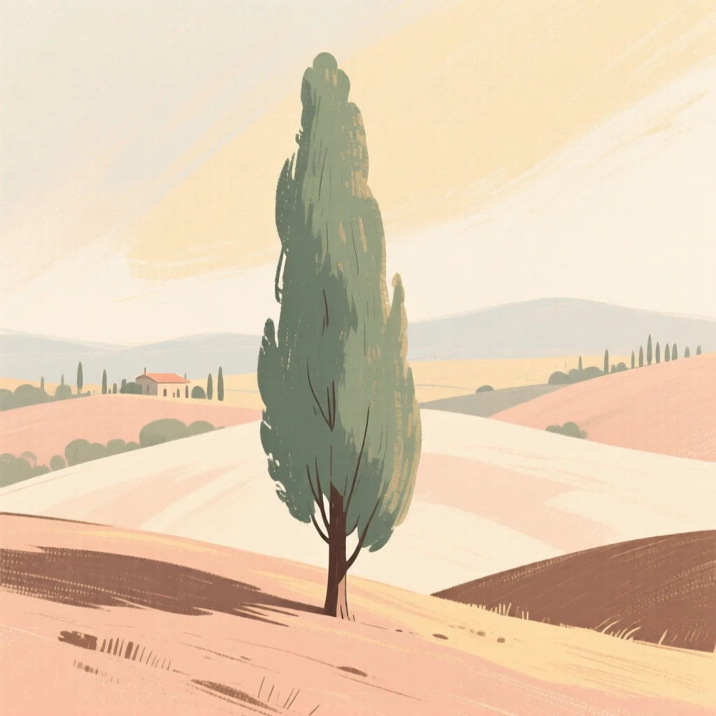 A lone cypress tree standing on a sun-baked Tuscan hillside