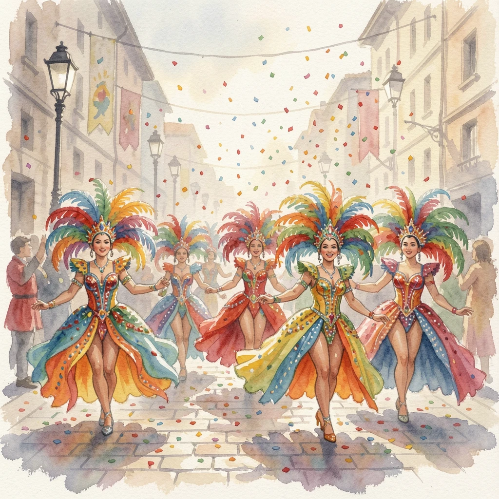 A Carnival street parade with vibrant costumes and confetti.