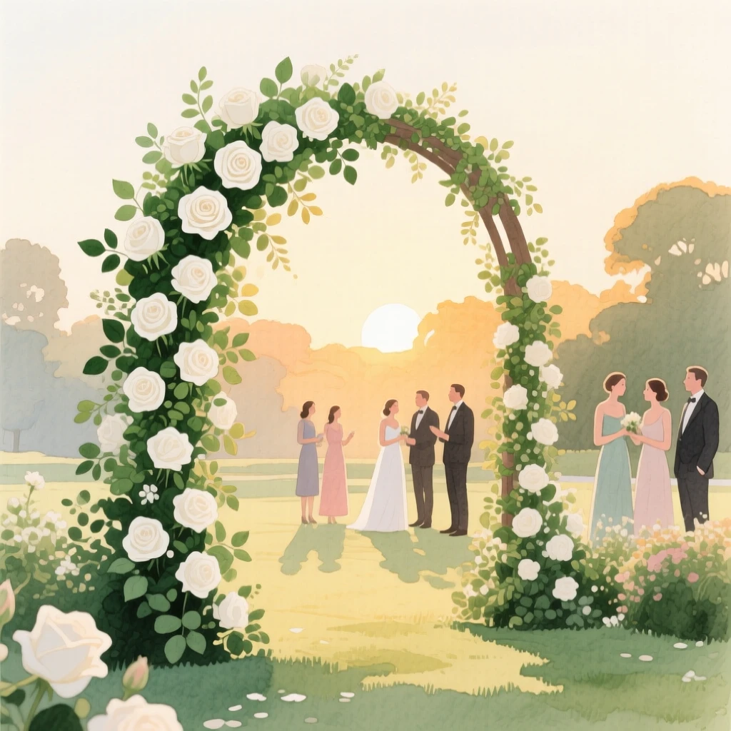 A wedding arch covered in white roses and greenery stands in a garden as guests gather at sunset