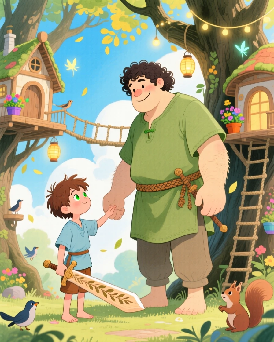 A young boy with a wooden sword meeting a kind-hearted giant in a magical treehouse village.