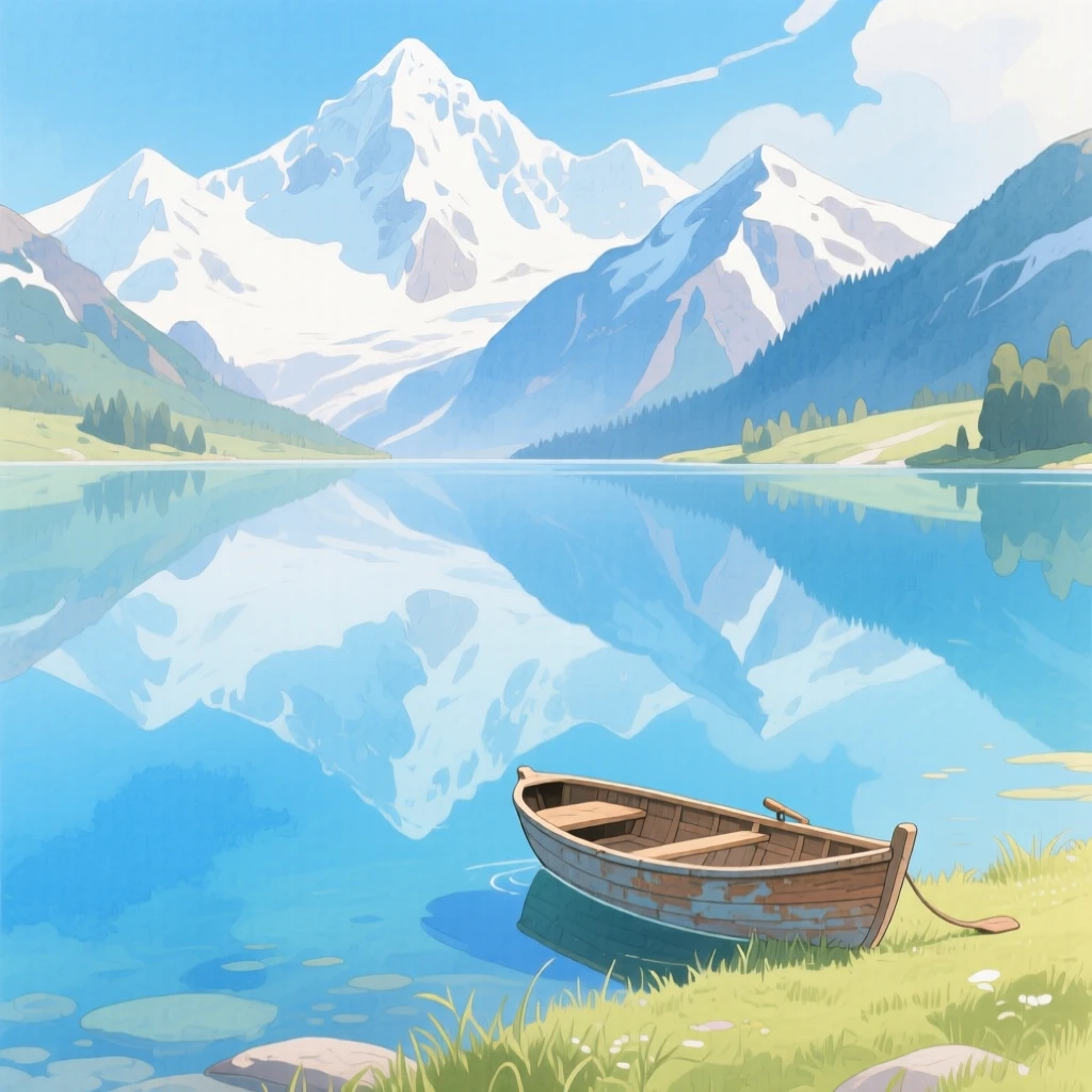 A crystal-clear alpine lake reflecting snow-capped peaks, with a lone wooden boat resting on the shore, inspiring a sense of calm and wonder.