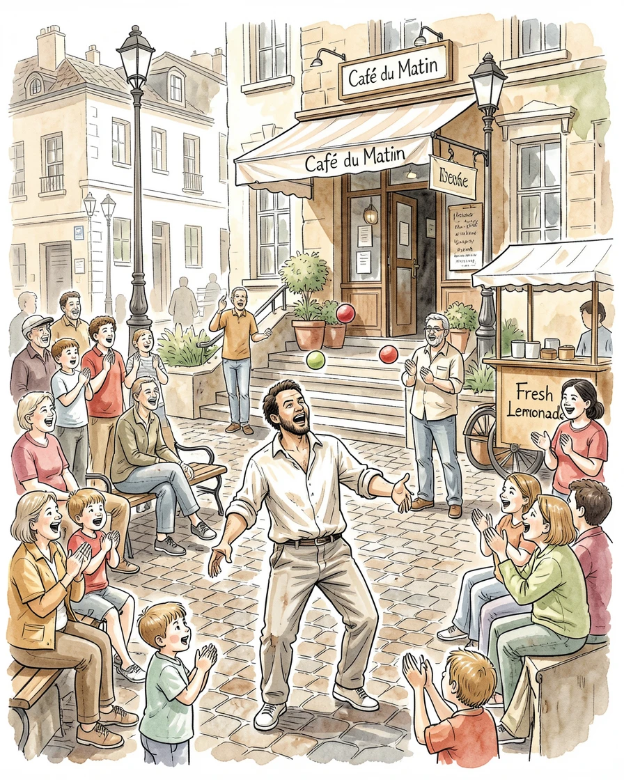 A street performer juggling for a delighted crowd in a busy plaza, the surrounding setting adding a sense of everyday charm.