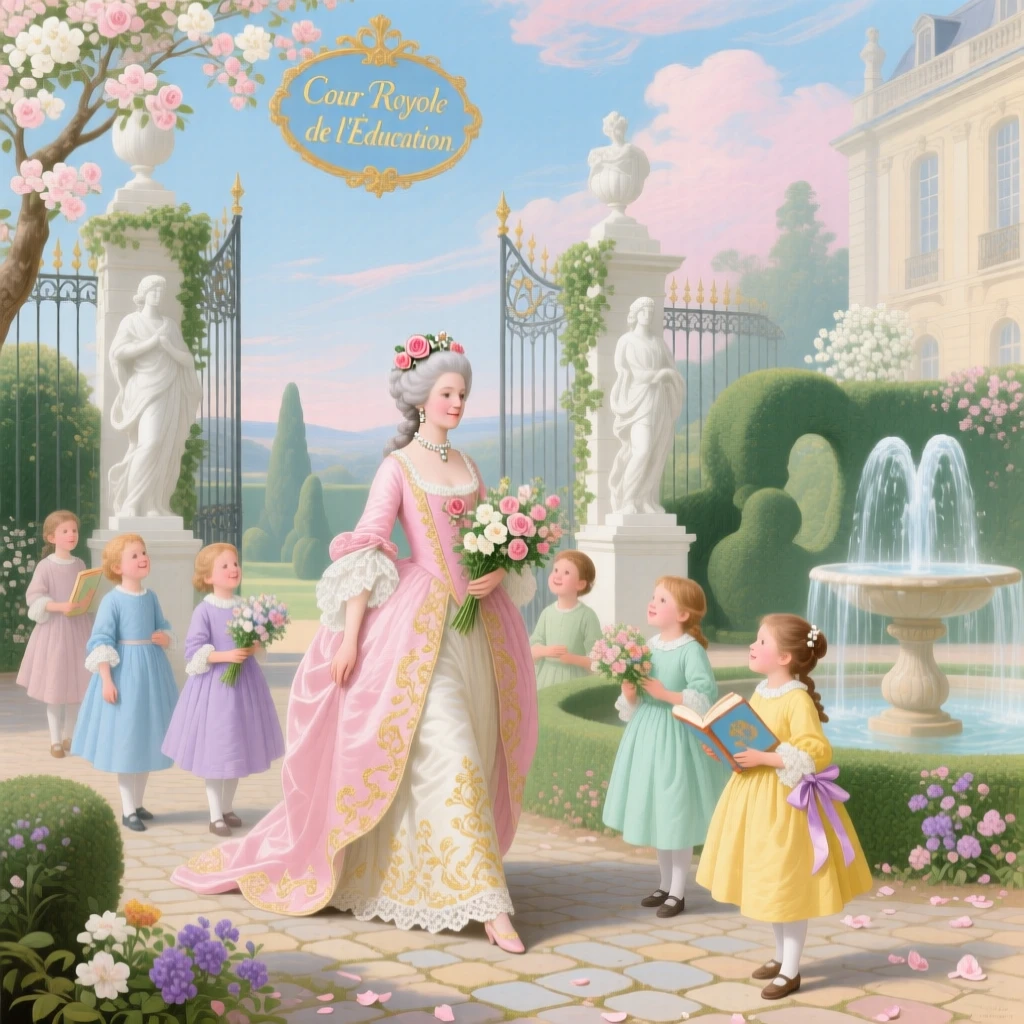A queen walking among schoolchildren in a palace courtyard  