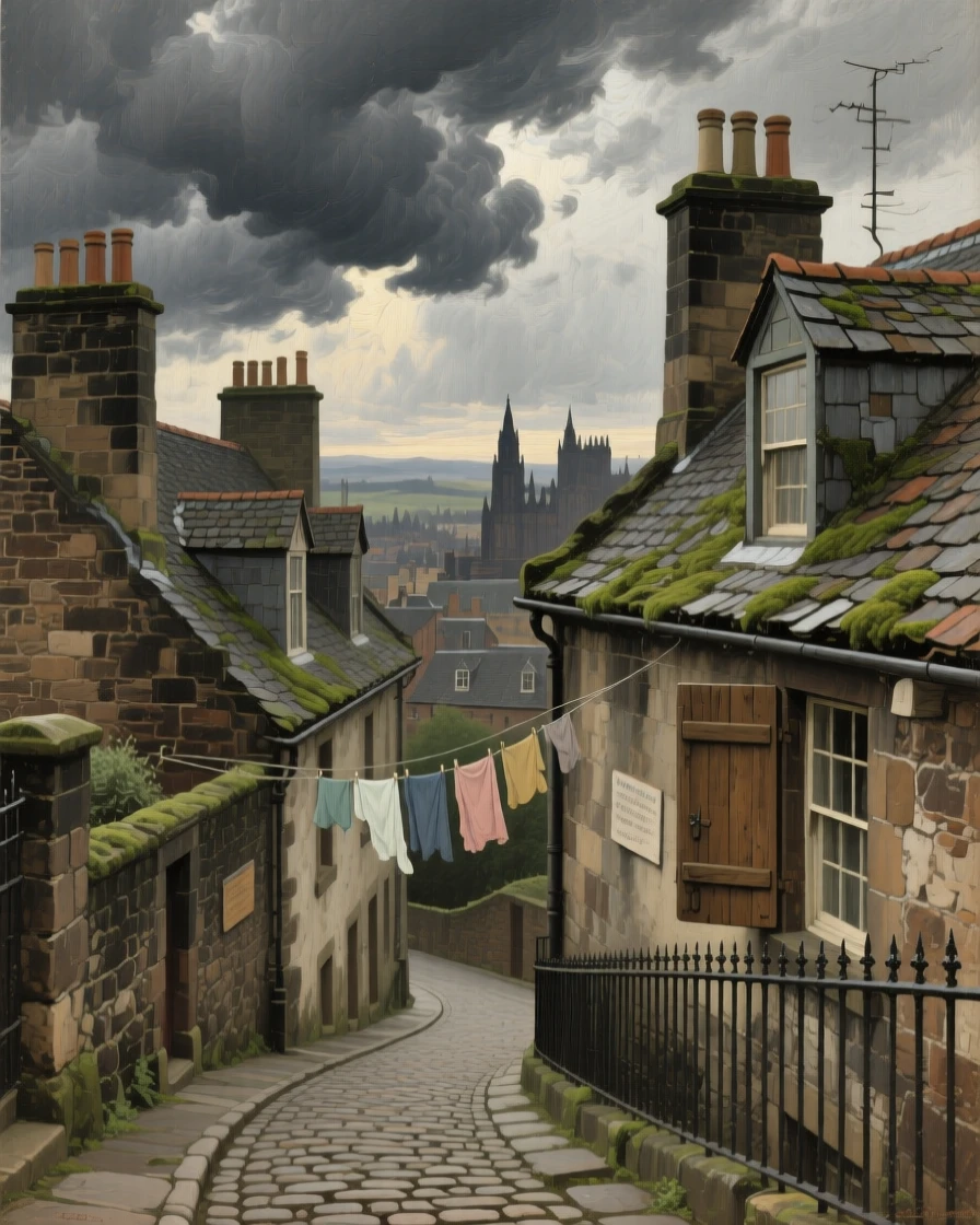 The historic rooftops of Edinburgh beneath a dramatic stormy sky, with centuries of history visible in every weathered detail, celebrating the architectural wonder and cultural richness of the location