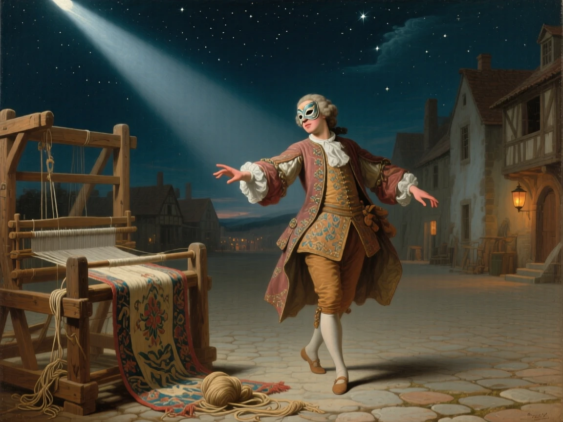 A masked reveler pausing mid-dance during a grand carnival as if pulled directly from a cherished tale, set beneath a canopy of stars over a sleepy village square, with an old wooden loom, tangled threads, and a half-finished tapestry; a diagonal beam of moonlight highlights the pivotal narrative moment, evoking nostalgia, wonder, and the timeless magic of storytelling.