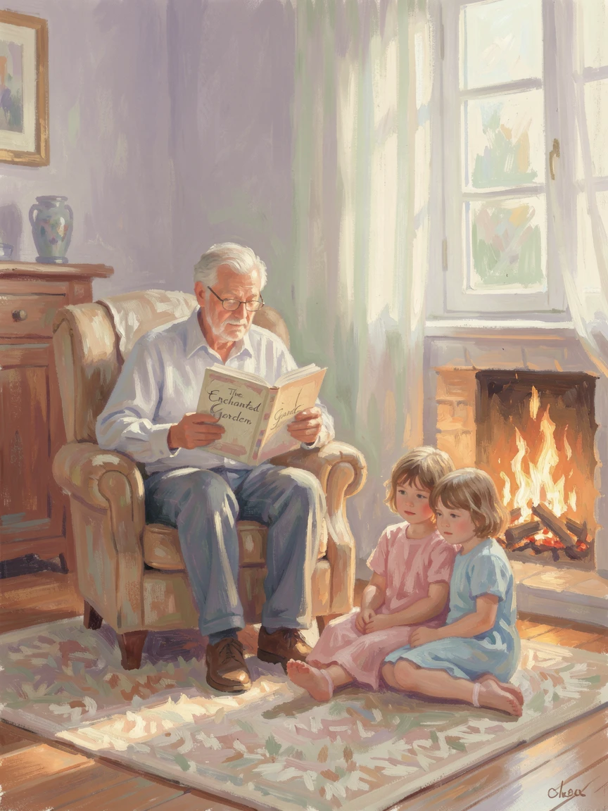 A grandfather reading a bedtime story to two children by a crackling fireplace, in the gentle hush of early morning, conveying a feeling of romance and tranquility.