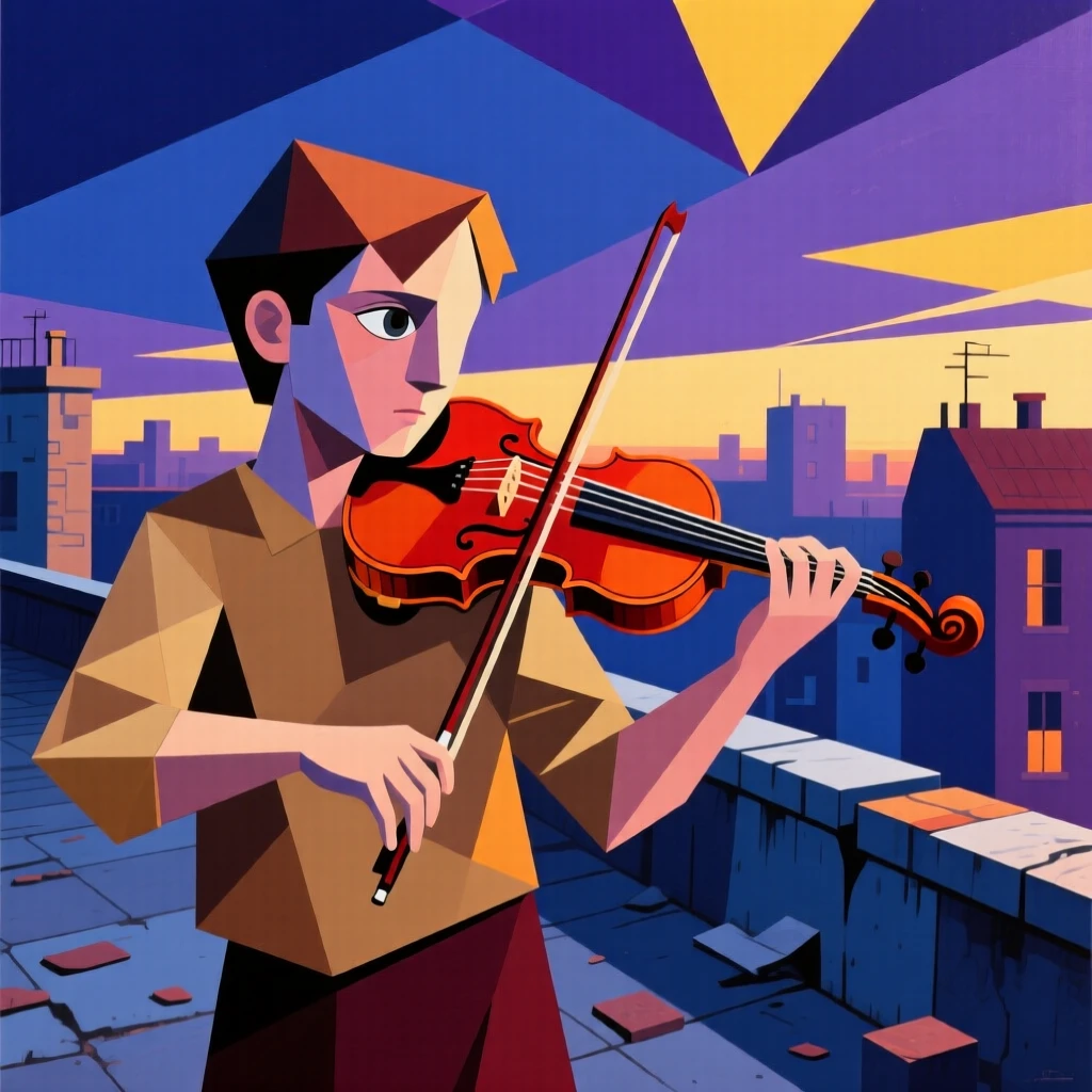 A young violinist practicing alone on a quiet rooftop at dusk.