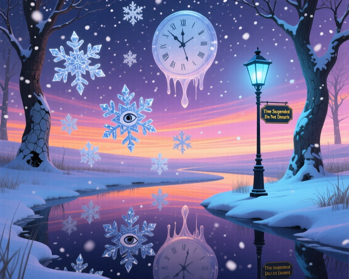 A heavy snowfall that pauses in midair, frozen in time moves slowly across a horizon streaked with fading light, while everything nearby seems to pause and hold its breath.