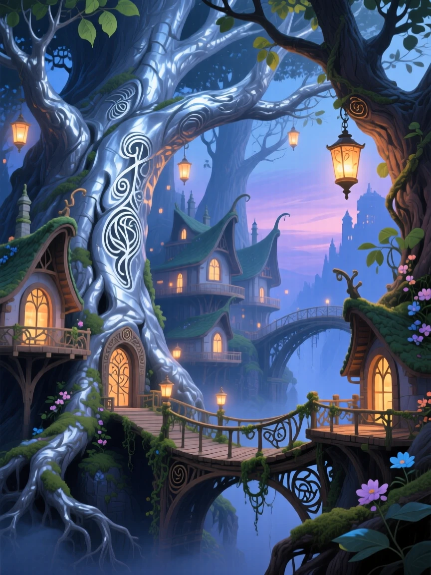An ancient elven city is built into the branches of towering silver trees, delicate bridges connecting glowing lanterns strung between the massive trunks, the setting suggesting centuries of untold stories embedded in every weathered surface.