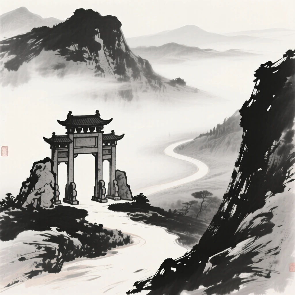 A stone temple gate stands at the entrance to a mist-covered mountain path, as mist settles over the valley below.