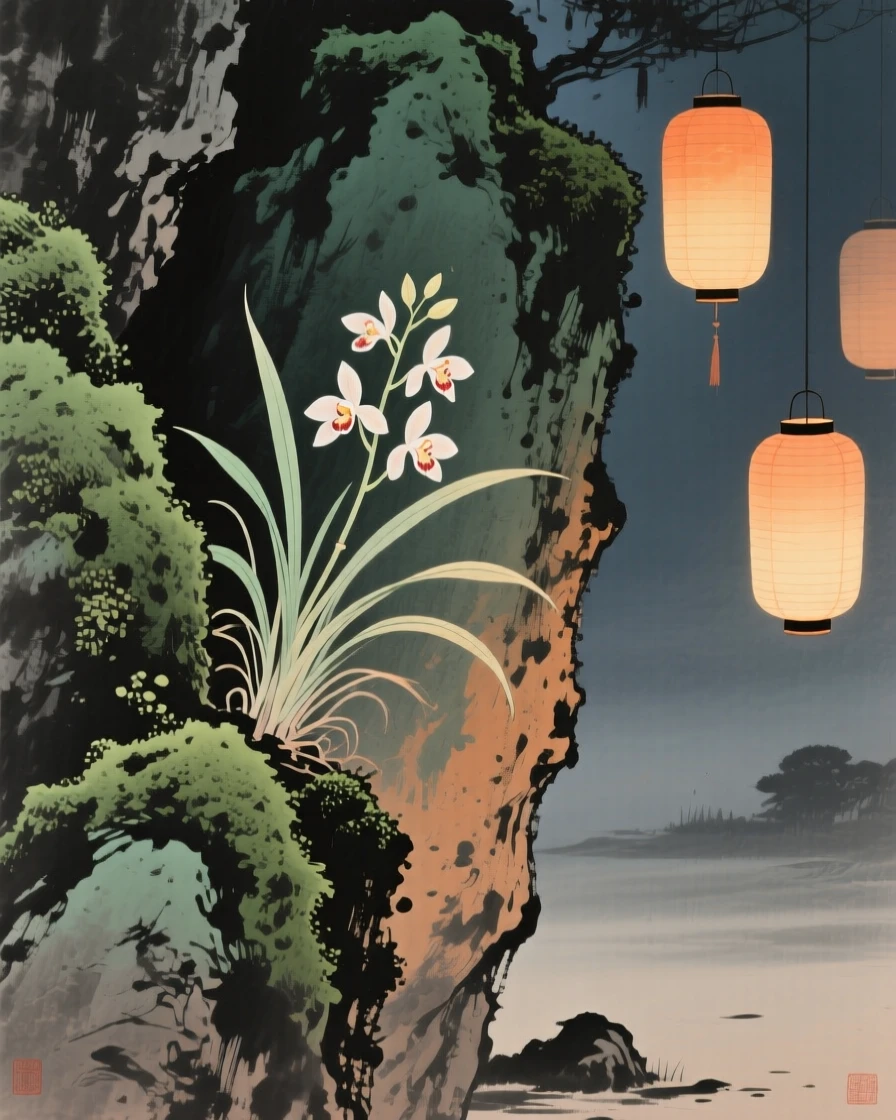 Orchids growing gracefully from a crevice in a mossy rock, as lanterns are lit for the evening, radiating gentle serenity.