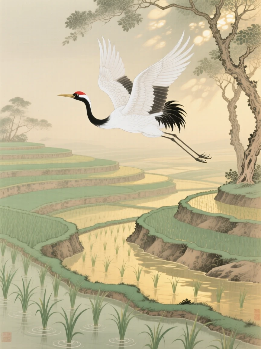 A crested crane soaring above terraced rice paddies, soft morning light filtering through the branches
