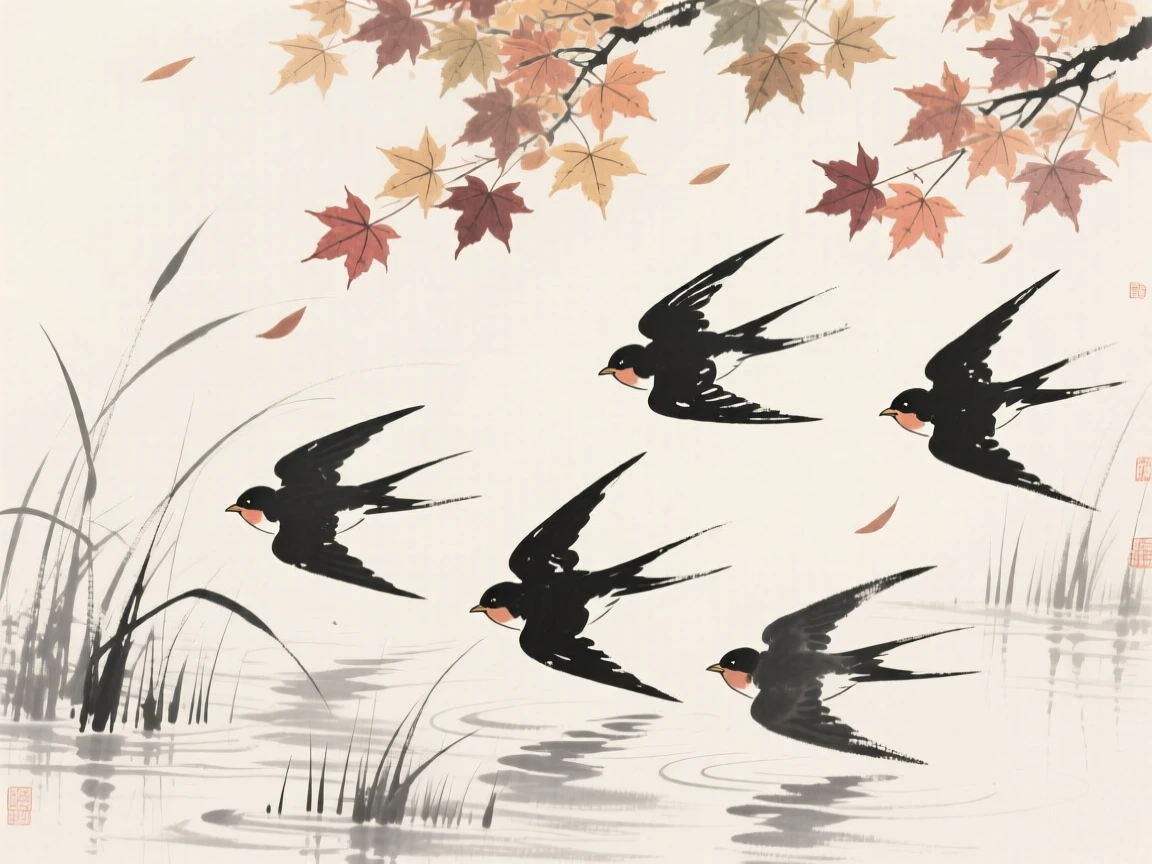 A flock of swifts wading through shallow reeds beneath a canopy of autumn maple leaves, captured mid-motion with wings outstretched, conveying serenity and effortless movement.