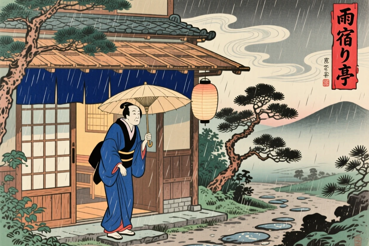 An innkeeper sheltering from sudden rain beneath an awning.
