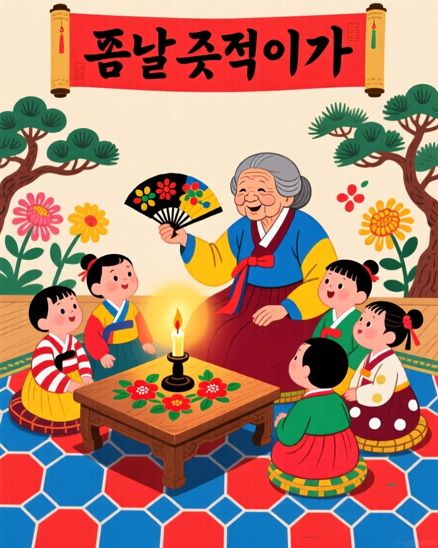A wise grandmother telling a folktale to children gathered by candlelight.