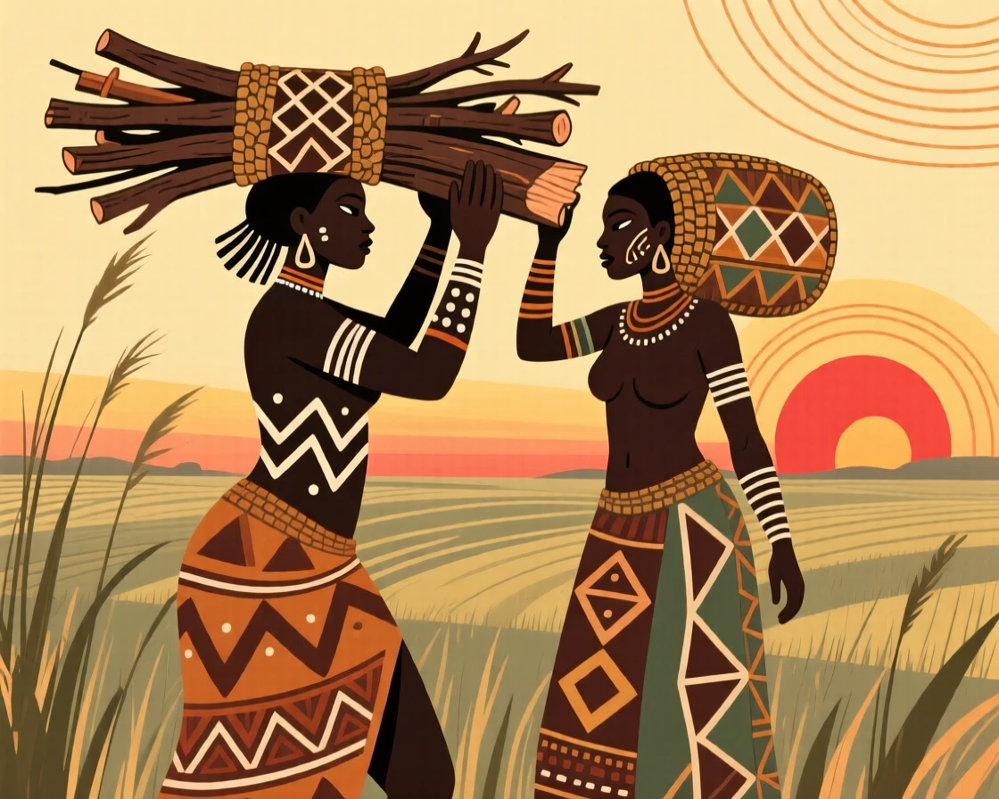 Women carrying bundles of firewood home as the sun rises over the fields.