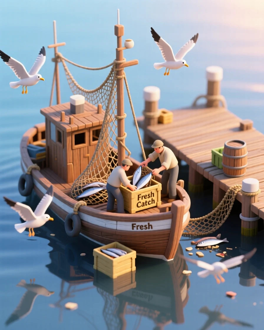 A wooden fishing trawler returning to harbor at dawn, nets full and gulls diving for scraps as fishermen unload the catch.