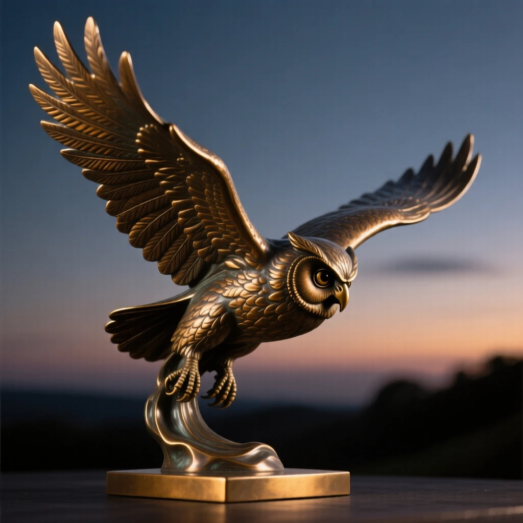 A wild eagle owl gliding silently through twilight, with elegant, flowing form, evoking wonder and majesty