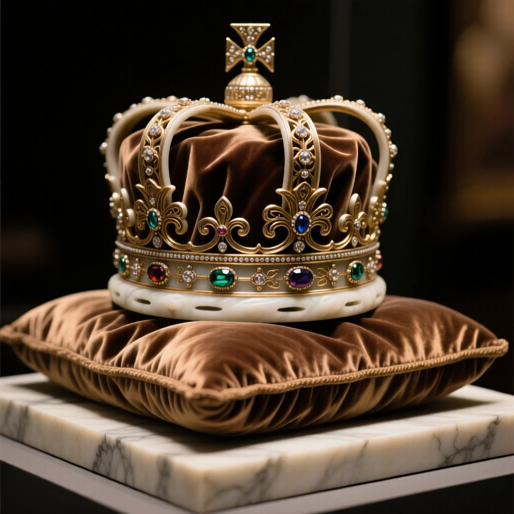 An elegant close-up study of a crown resting on a velvet cushion, composed with warm, dramatic lighting