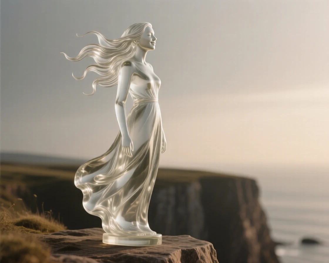 A woman with flowing hair caught in the wind on a cliffside, softly lit by warm natural light, shallow depth of field isolating the subject, expression full of genuine emotion.