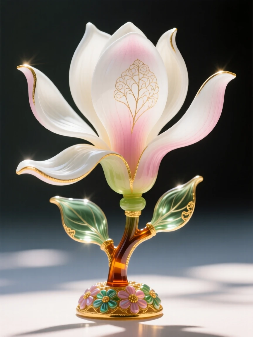 A single magnolia blossom glowing in dappled morning light, elegant and pure.