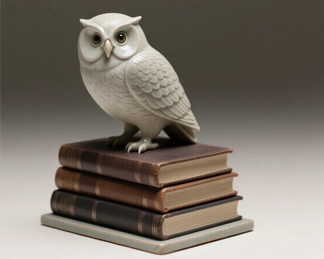 A decorative owl perched atop a stack of books presented in a poised, gallery-ready stance, catching soft light along smooth curved surfaces, stirring a sense of understated opulence.