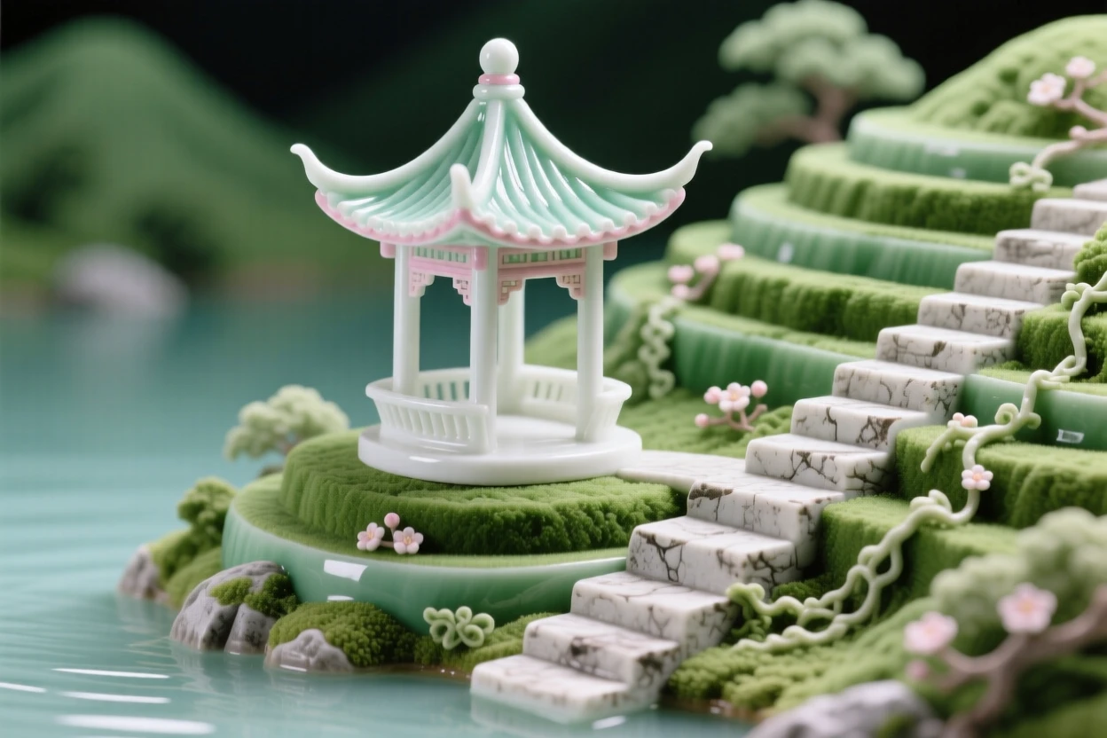 A serene lakeside pagoda nestled in terraced green hillsides, framed by ancient weathered stone steps.