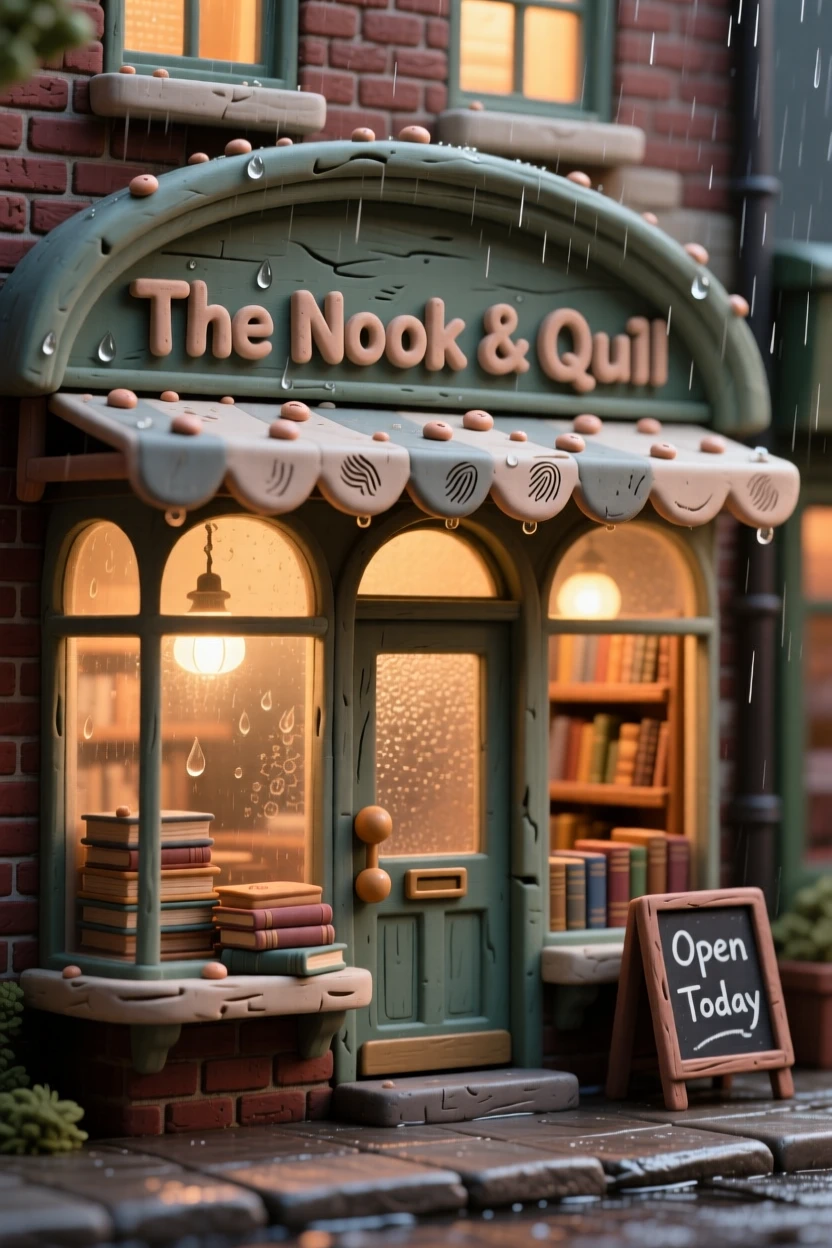 A quaint bookshop storefront with warm lights glowing in rain
