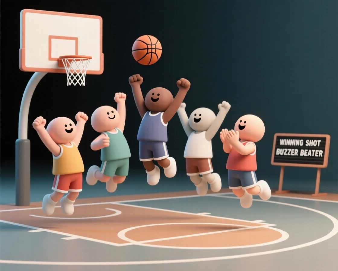 A basketball team celebrates together, jumping and shouting after sinking the winning shot at the buzzer.