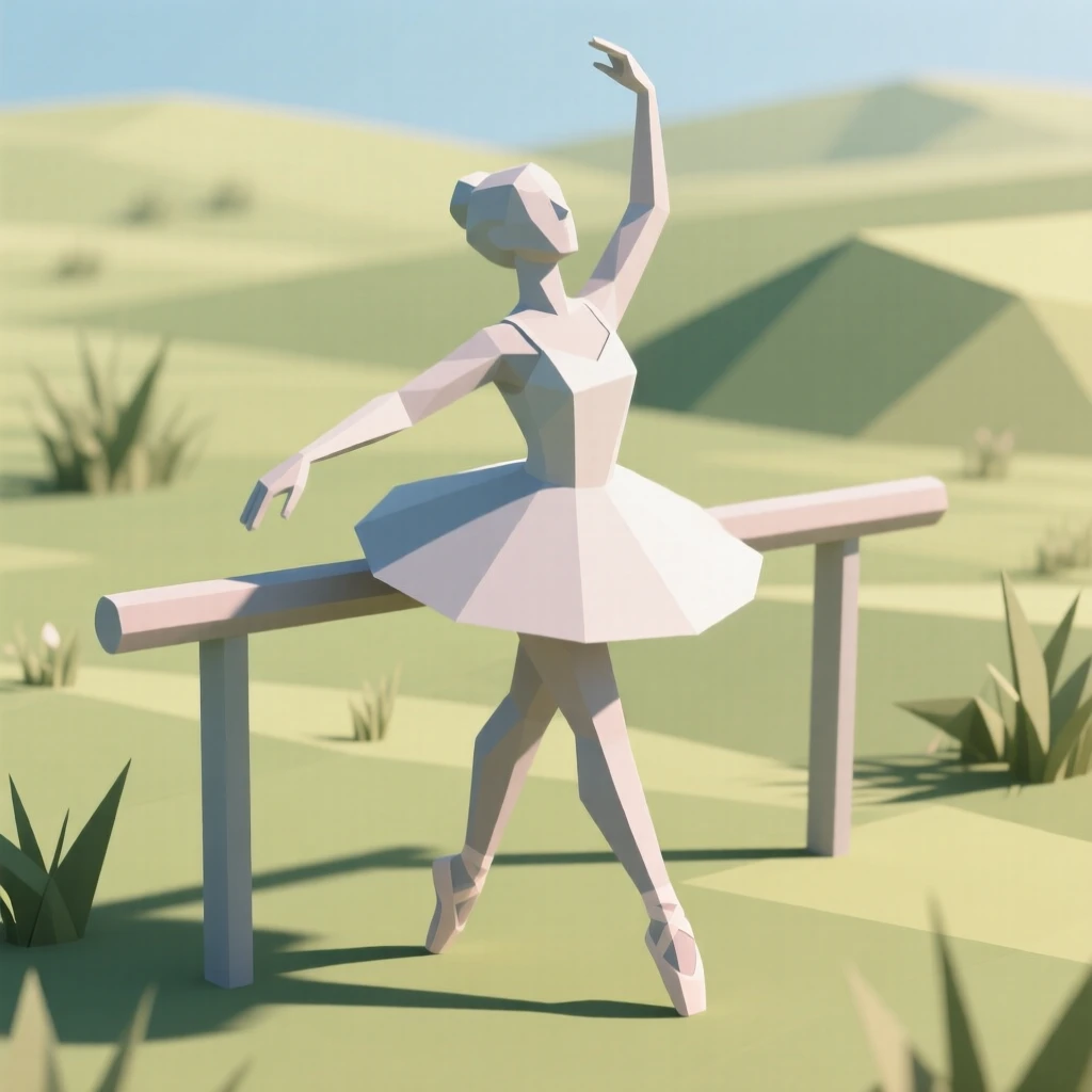 A ballerina practicing gracefully at a sunlit barre, in a quiet, sunlit meadow. the framing emphasizes motion and energy. It captures a feeling of quiet triumph.