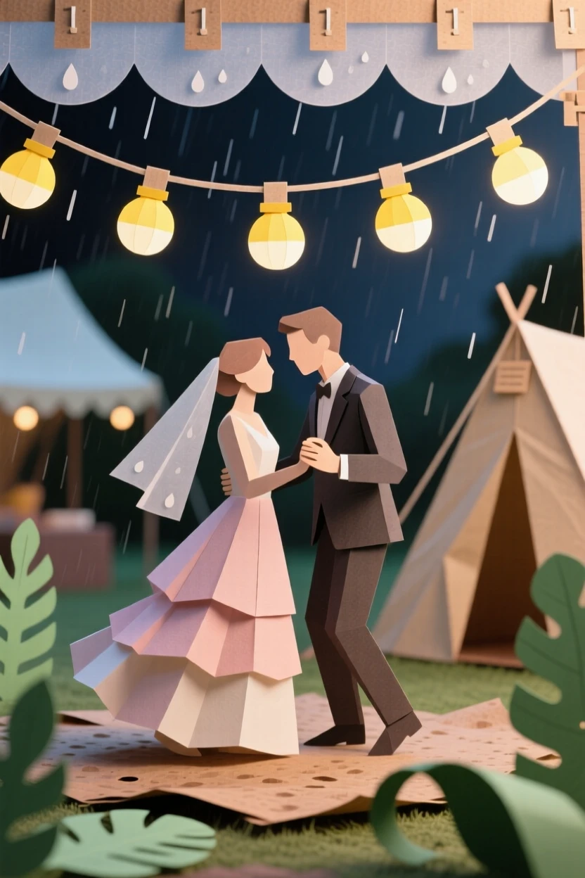 A pair of newlyweds dancing beneath string lights at an evening festival, with gentle rain misting the air, evoking warmth and quiet connection.