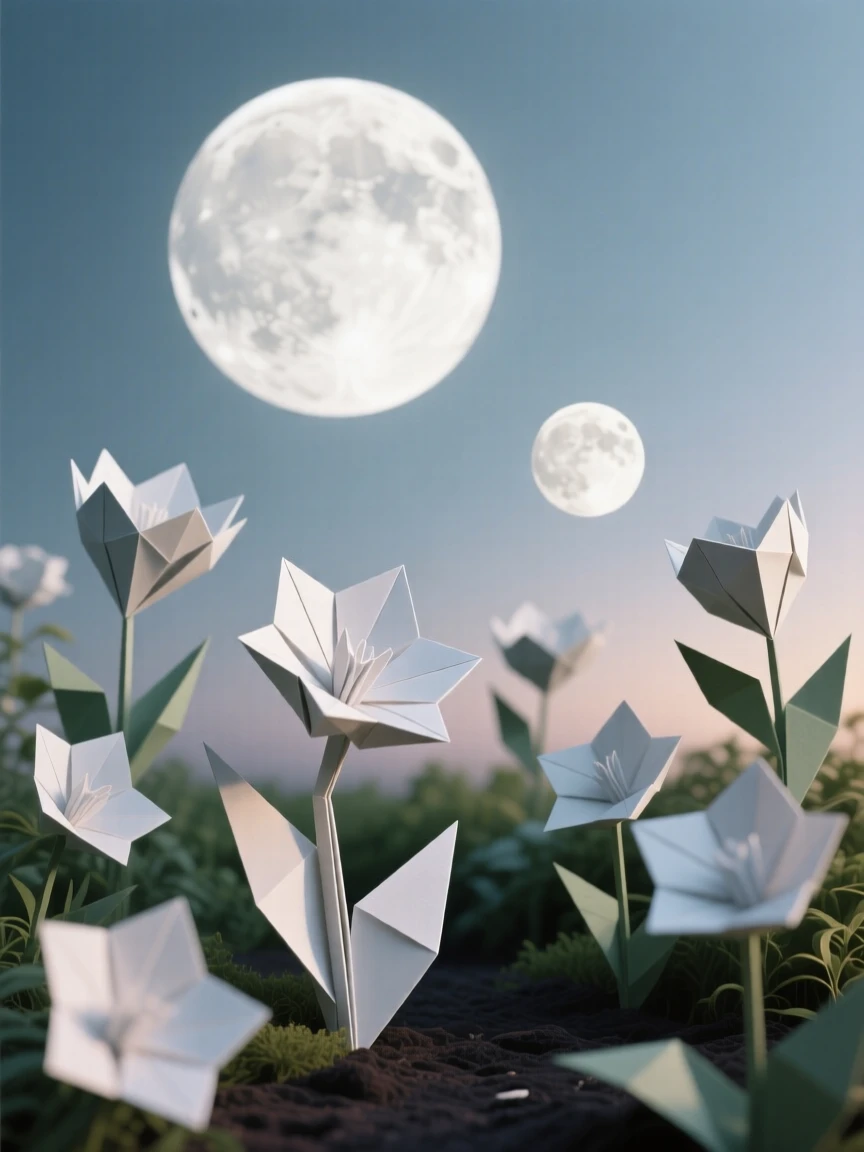 A garden where the flowers turn to face a second, smaller moon in the sky.