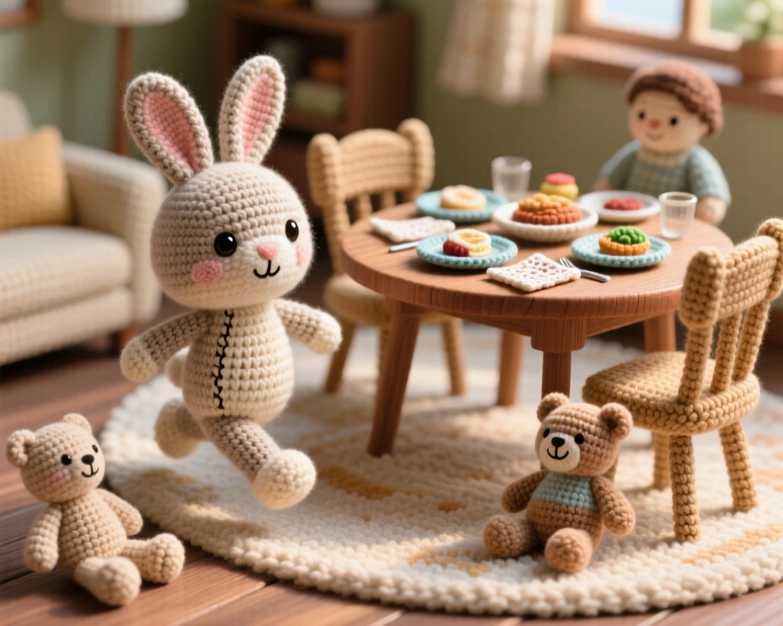 A tender everyday moment: a content rabbit hopping across a living room rug with ears perked with curiosity, exploring a cozy afternoon at home inside a homely dining room set for a family meal; a favorite well-loved stuffed toy completes the scene, full of a peaceful sense of home and belonging.