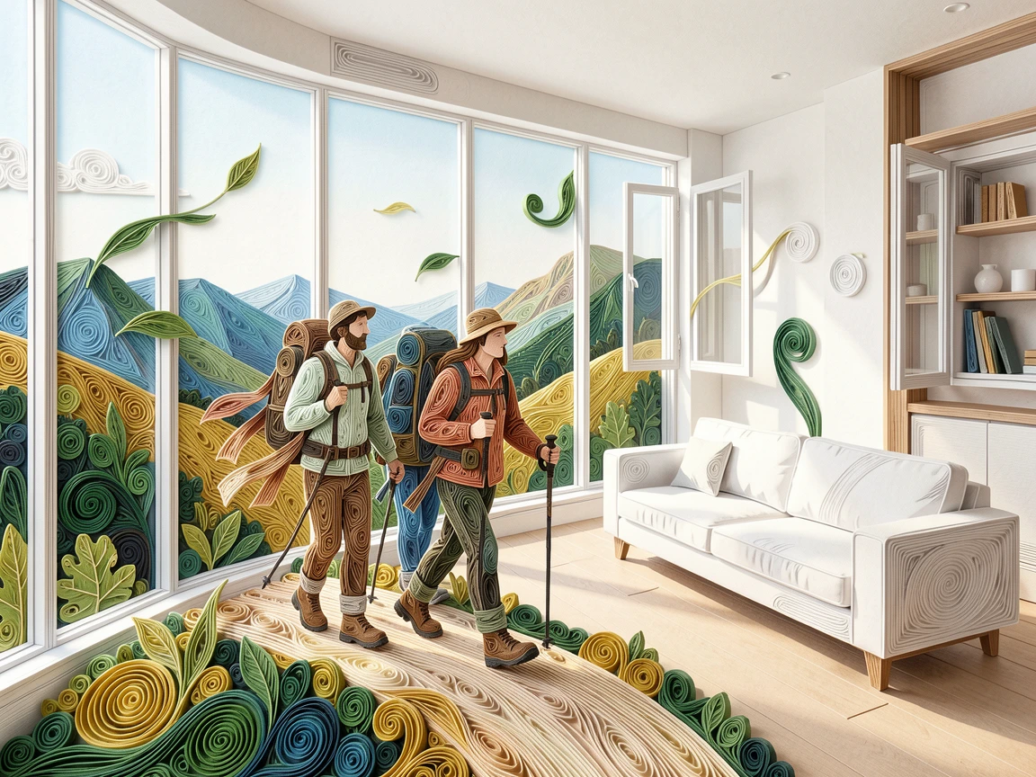 A relaxed modern lifestyle scene of a group hiking along a scenic ridge trail in a modern loft with large windows, with a light breeze catching loose fabric or leaves, composed with a fresh, airy, minimalist aesthetic.
