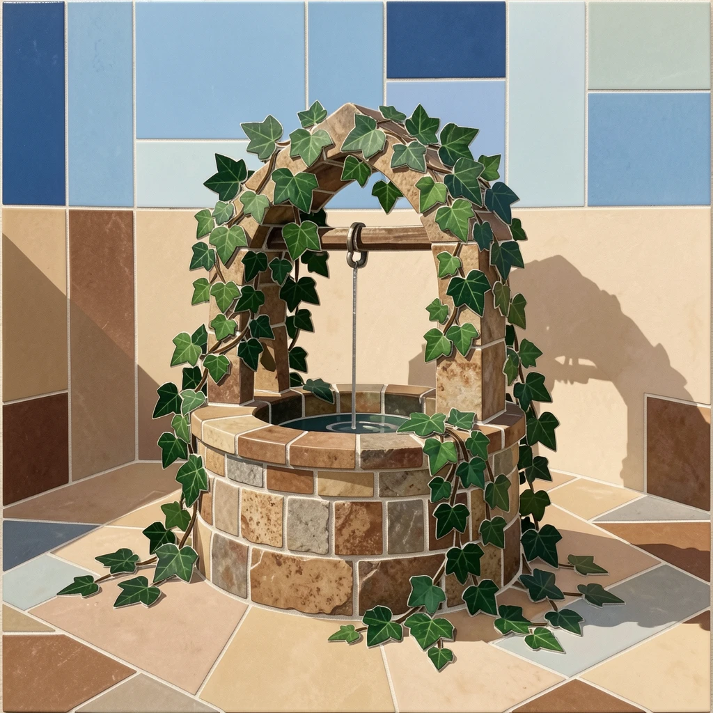 A rustic stone well surrounded by climbing ivy in an old courtyard.