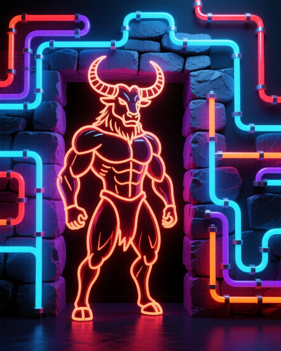 A minotaur standing guard at the entrance of a stone labyrinth.