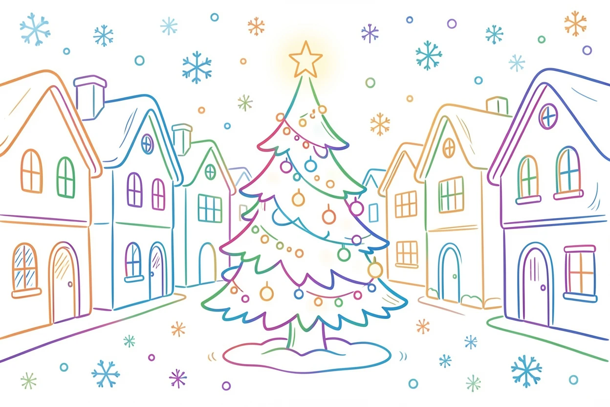 A winter village square with a lit Christmas tree and falling snow.