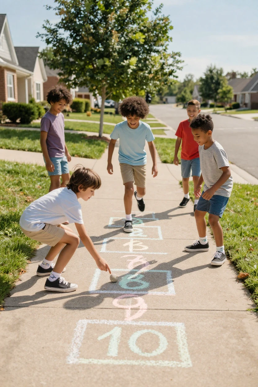 A group of children playing hopscotch on a chalk-drawn sidewalk
