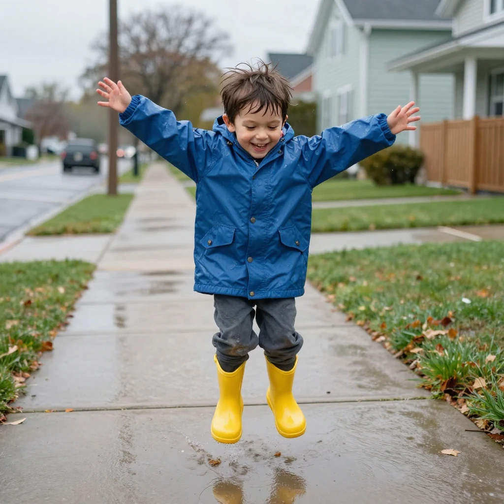 A little boy in oversized rain boots jumps into the biggest puddle on the sidewalk, arms flung wide.