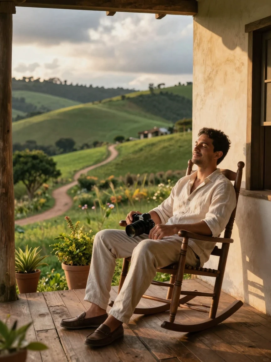 A newly married Brazilian man resting after a long day of work on a wooden porch overlooking rolling hills
