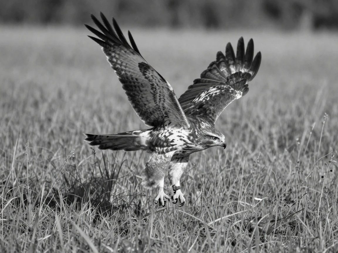 A hawk dives suddenly to catch its prey above an open grassy field.