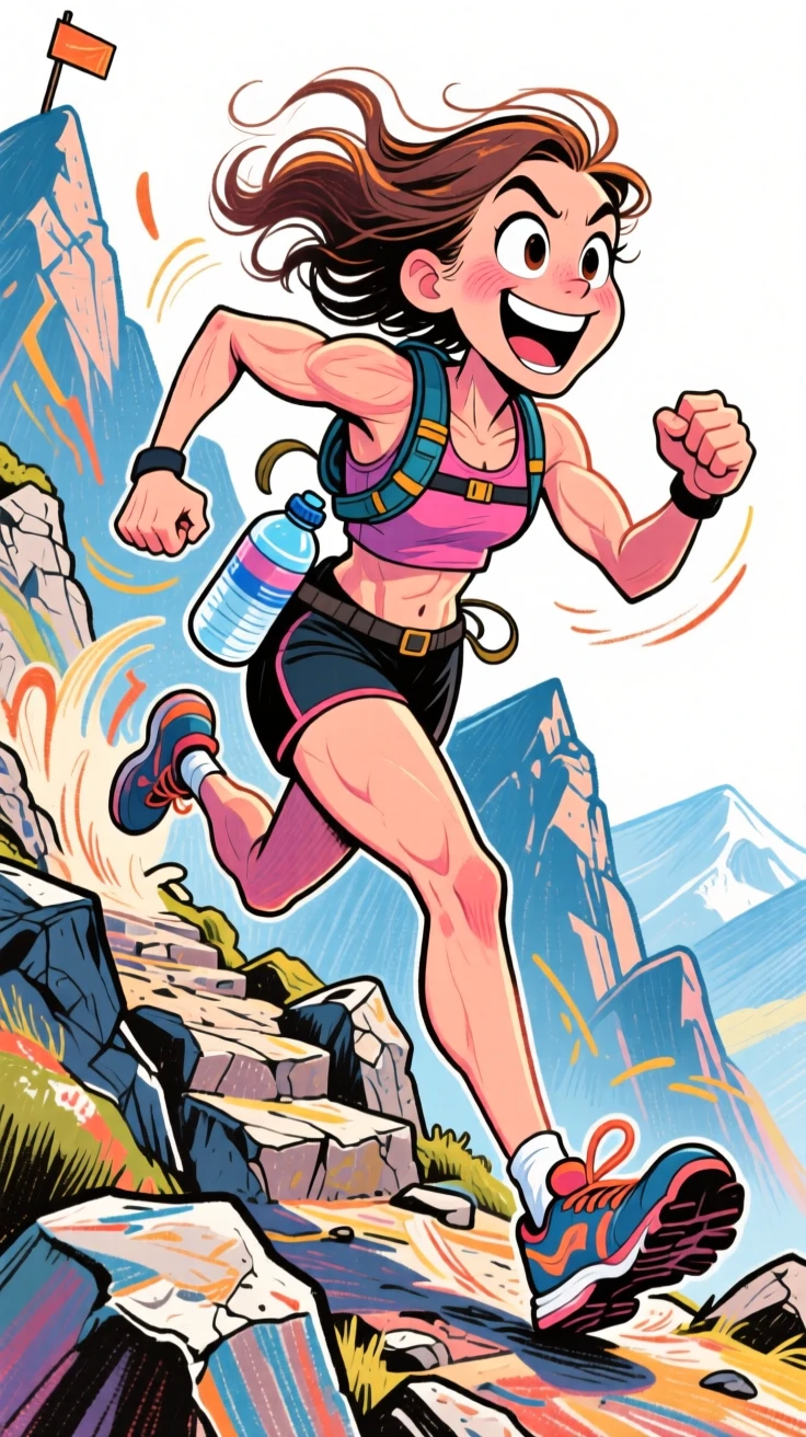 A trail runner sprinting up a rocky mountain path, water bottle bouncing on her hip.