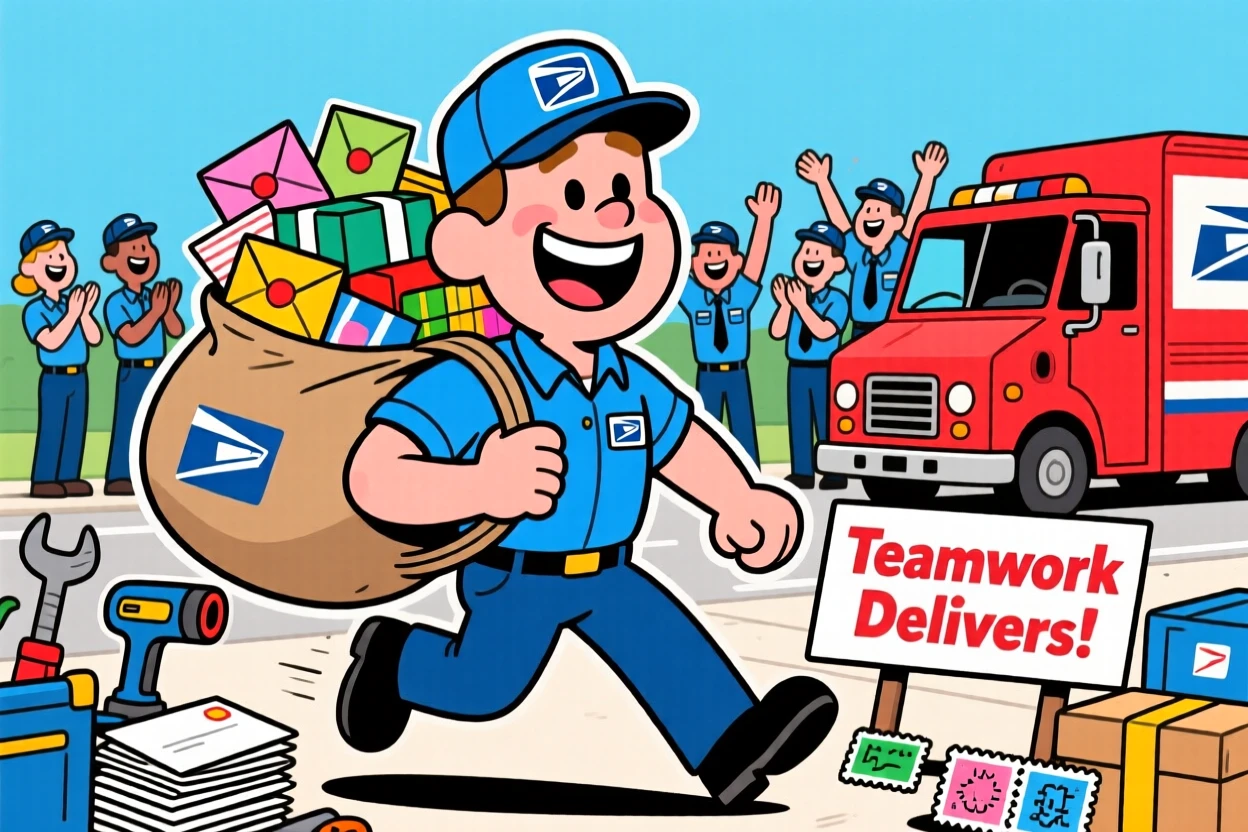 A vibrant profession-themed portrait of a cheerful mail carrier surrounded by the tools and gear of the trade, with coworkers cheering in the background.