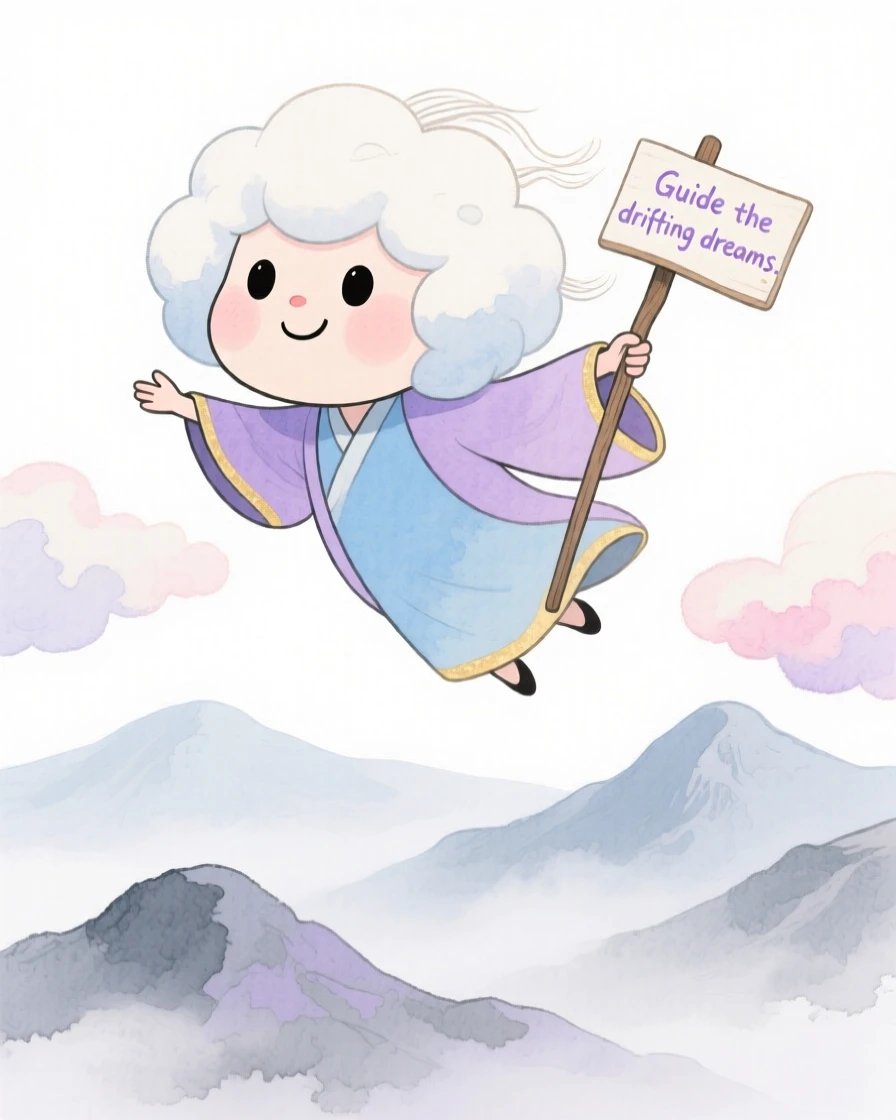 A cloud shepherd soaring above a misty mountain range