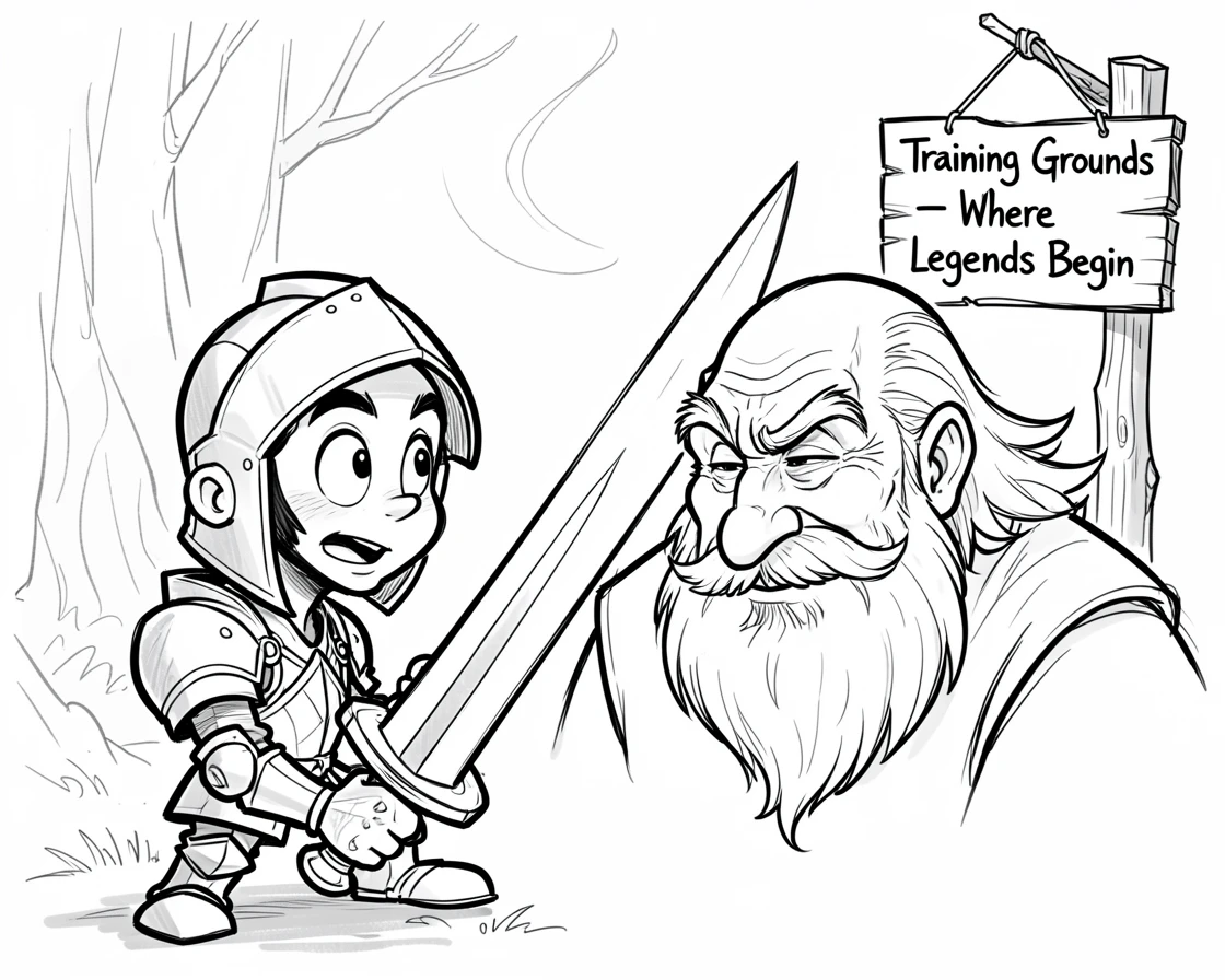[Fantasy & Imaginative Scenarios] Imaginative fantasy scene of a young knight training with a wise old master swordsman, brimming with wonder