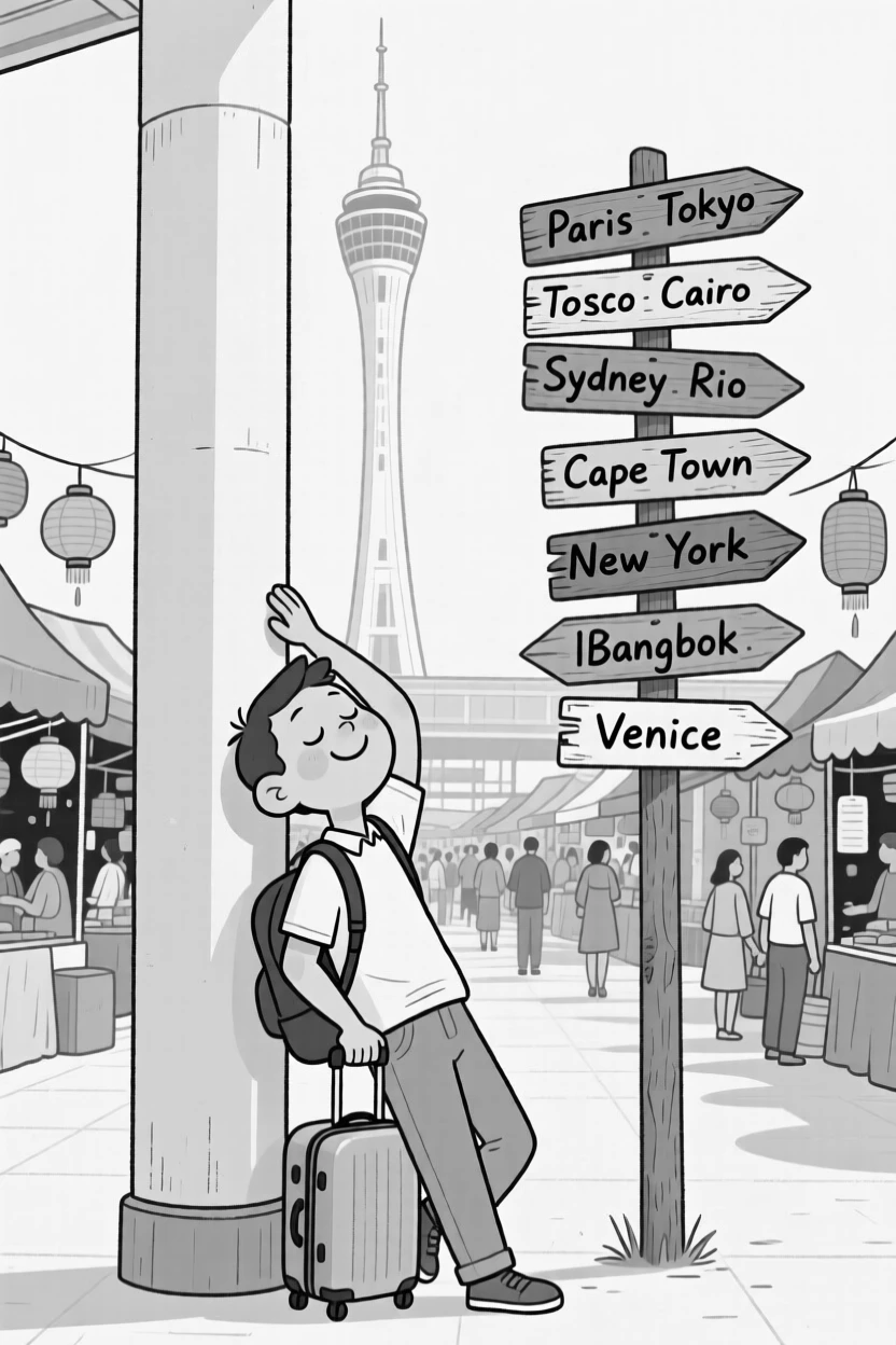 A traveler napping upright against an airport pillar, pretending to push the tower back into place, set in a colorful, chaotic open-air market. A weathered signpost lists a dozen mismatched directions. It's a joyful tribute to the thrill of travel and discovery.